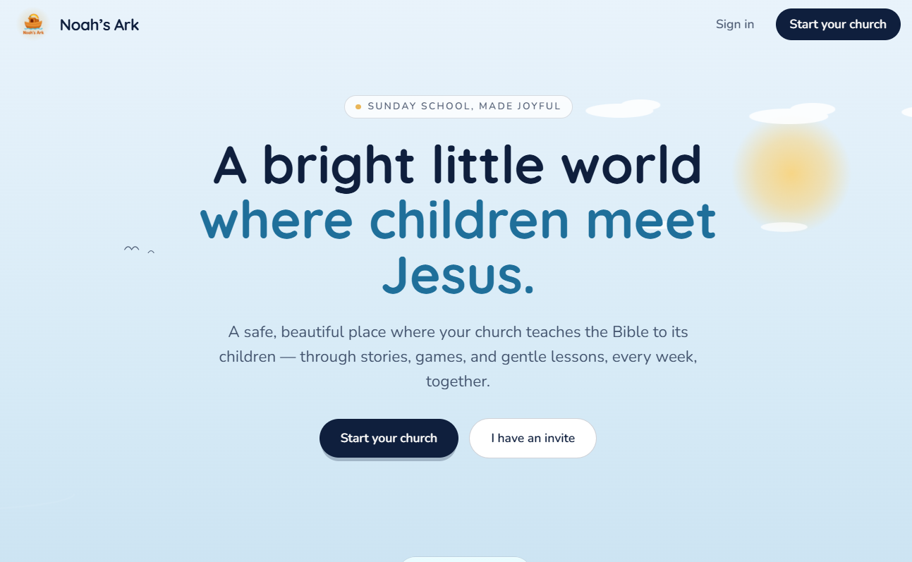 Noah's Ark Sunday school app landing page